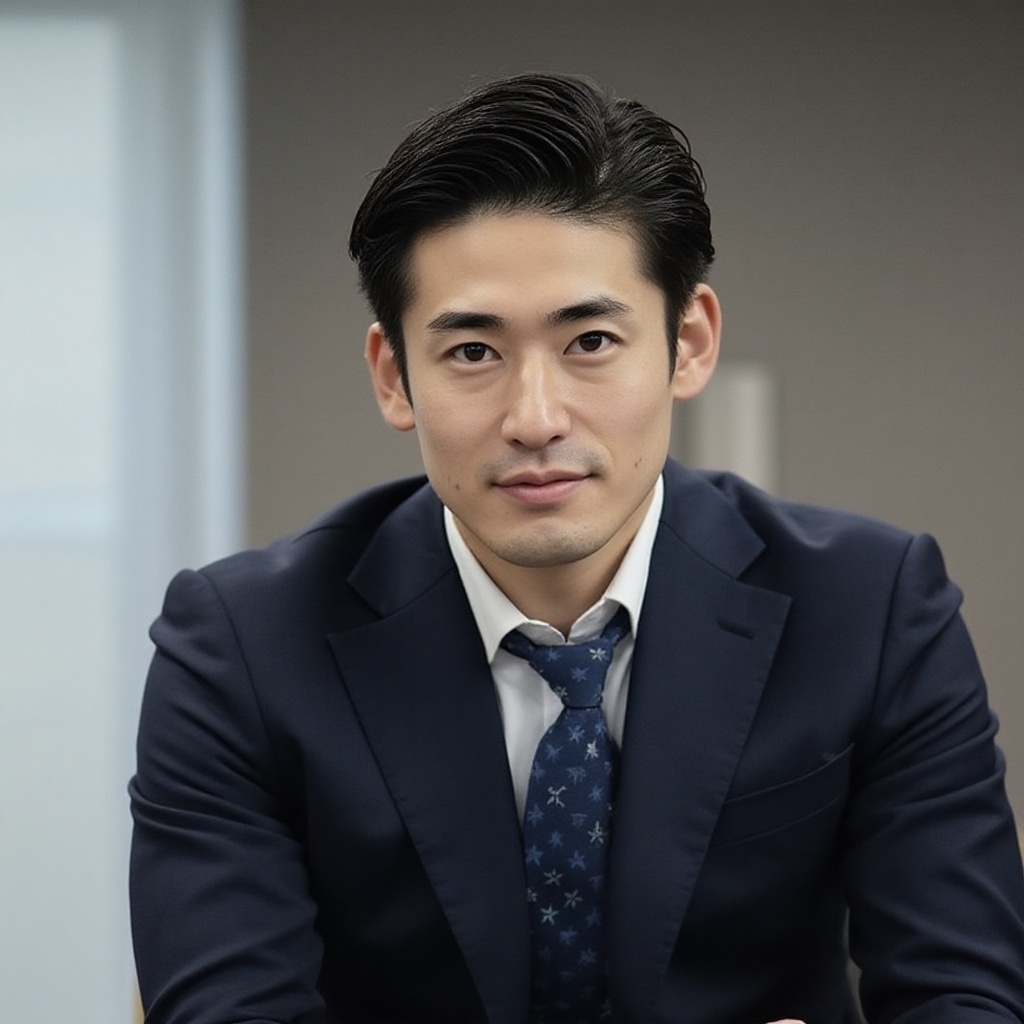 A sharp-dressed young handsome japanese man in 20yo with 185cm tall with muscular body type with slim oval shaped face,  h...