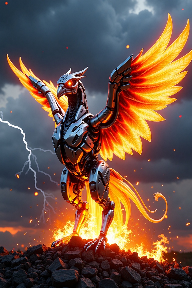 A futuristic robotic phoenix rises from the ashes,  its wings crafted from shimmering metallic feathers,  transitioning sm...