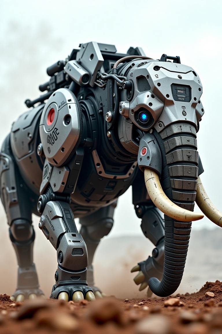 A formidable 8K image of a cyborg elephant charging through a war-torn landscape,  its left side replaced by advanced cybe...