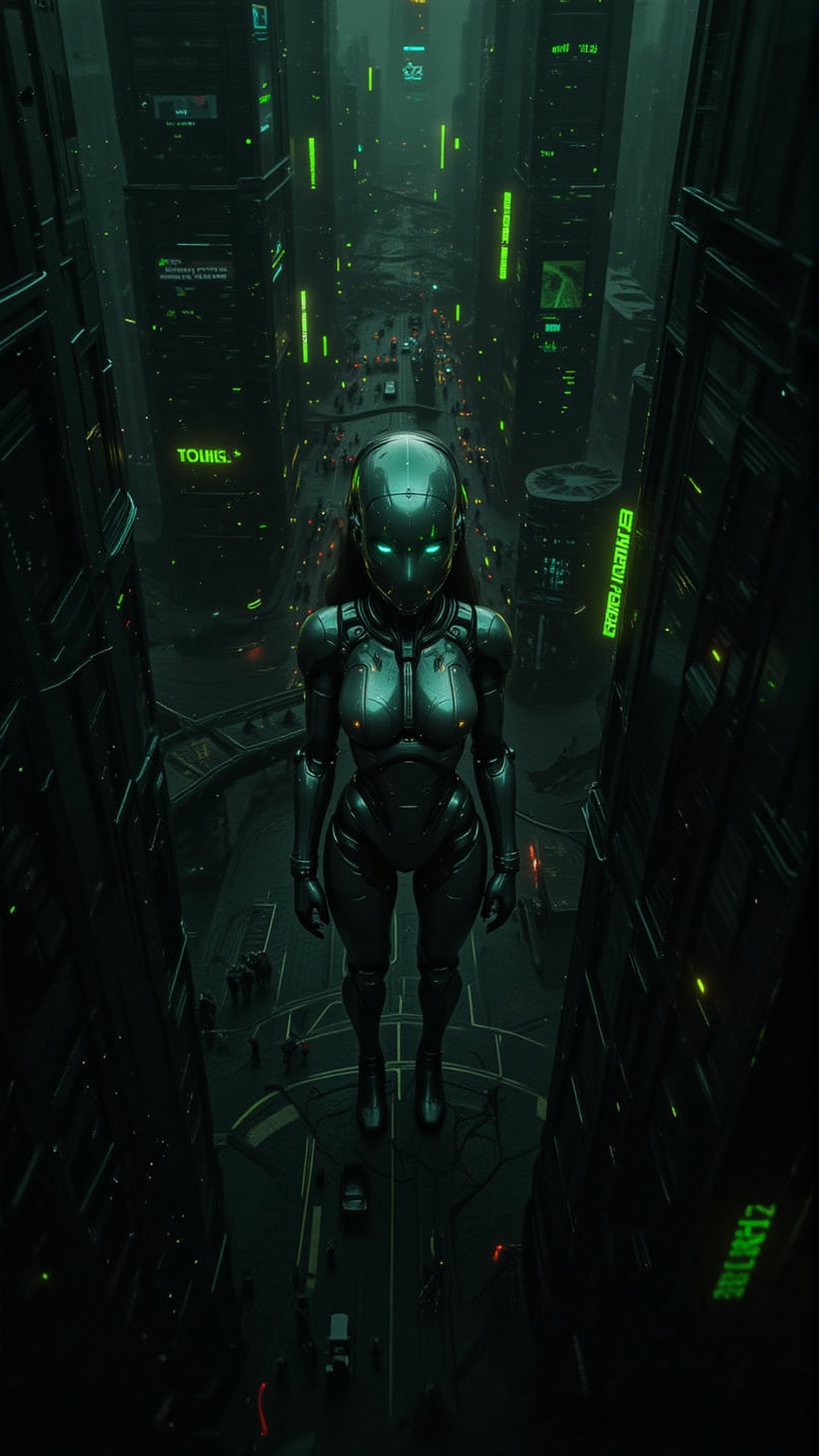 In a gritty,  neon-lit cityscape,  a lone cyborg girl stands out against the darkened skyline. Her metallic limbs and viso...
