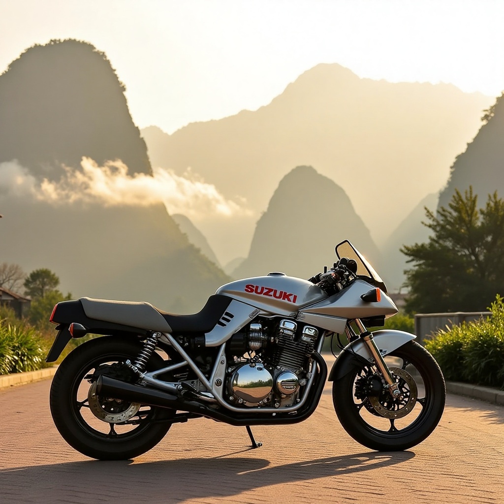 [Subject] a Suzuki Katana motorcycle. [Environment / Background] Majestic Guilin-style mountains rise dramatically in the...