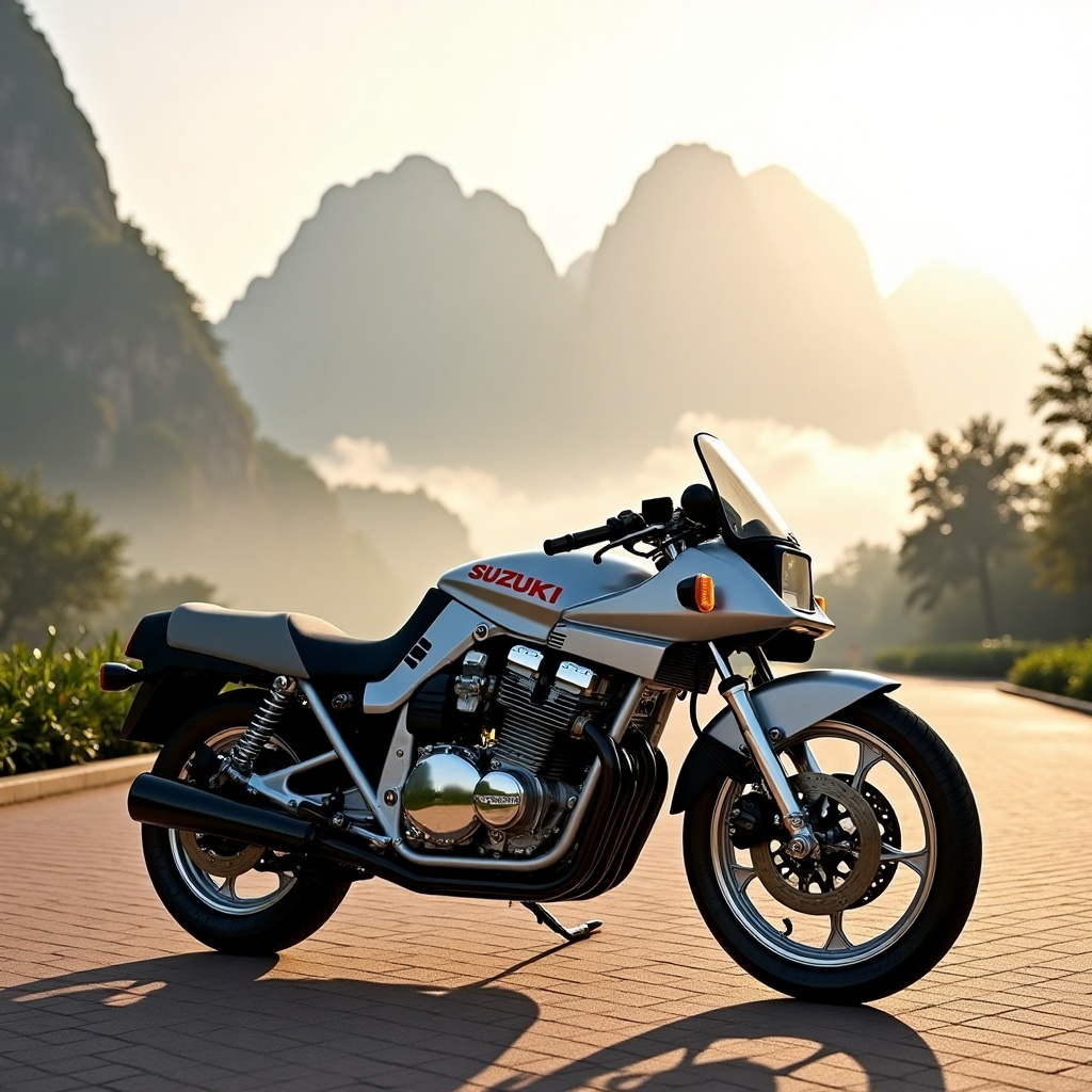 [Subject] a Suzuki Katana motorcycle. [Environment / Background] Majestic Guilin-style mountains rise dramatically in the...