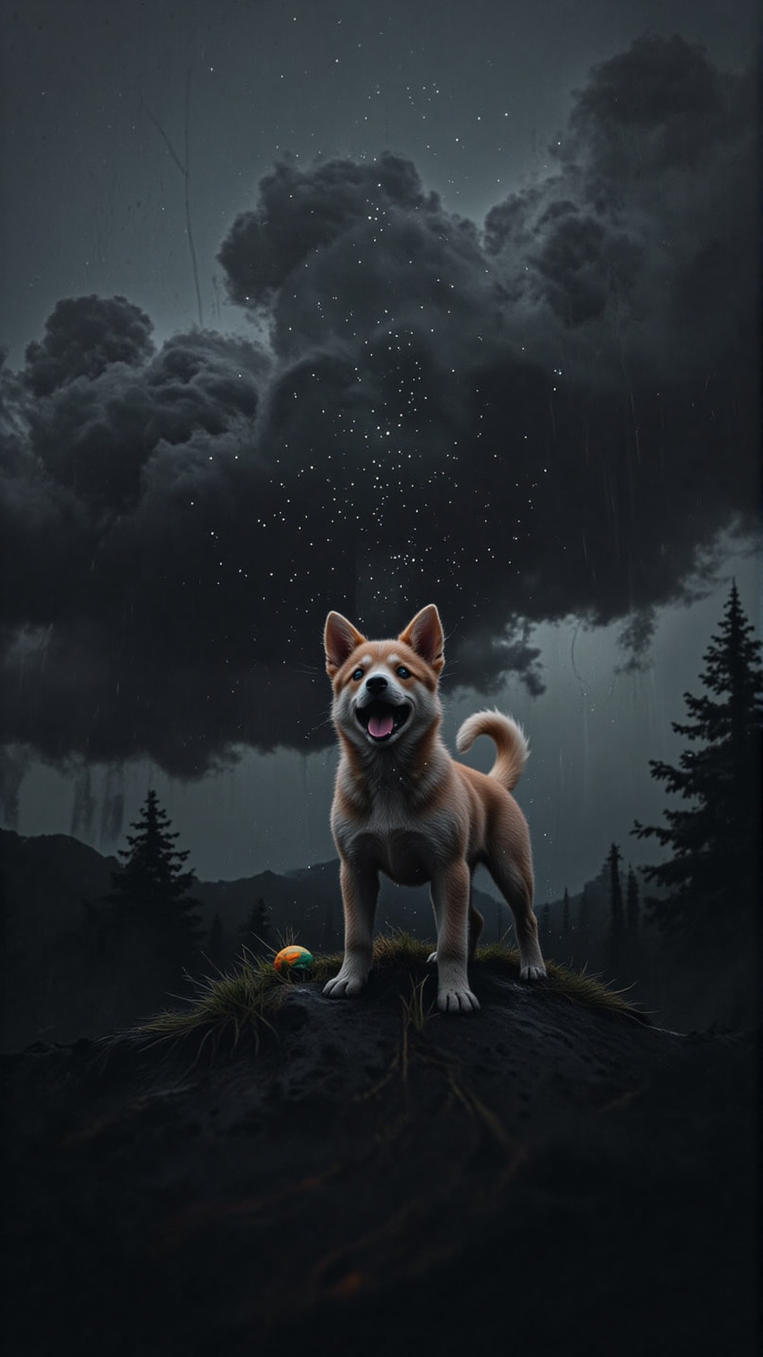 Generate a lively scene of a baby dog eagerly starting to play just before the rain begins. The puppy should be depicted w...