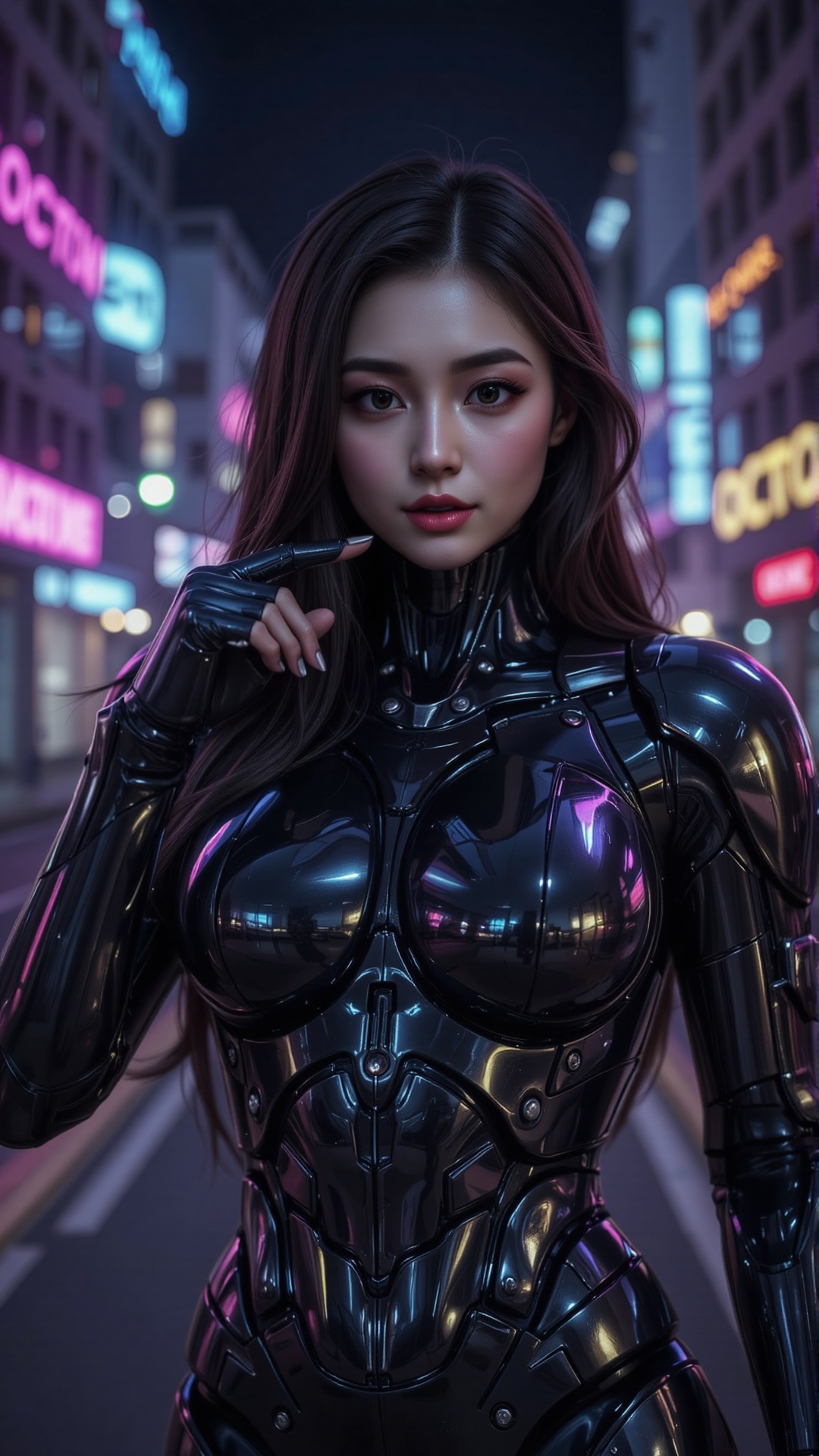 A woman asian Cyberpunk,  asian woman,  mecha. design & form touch of sci-fi element shining steel material bodywork on Te...