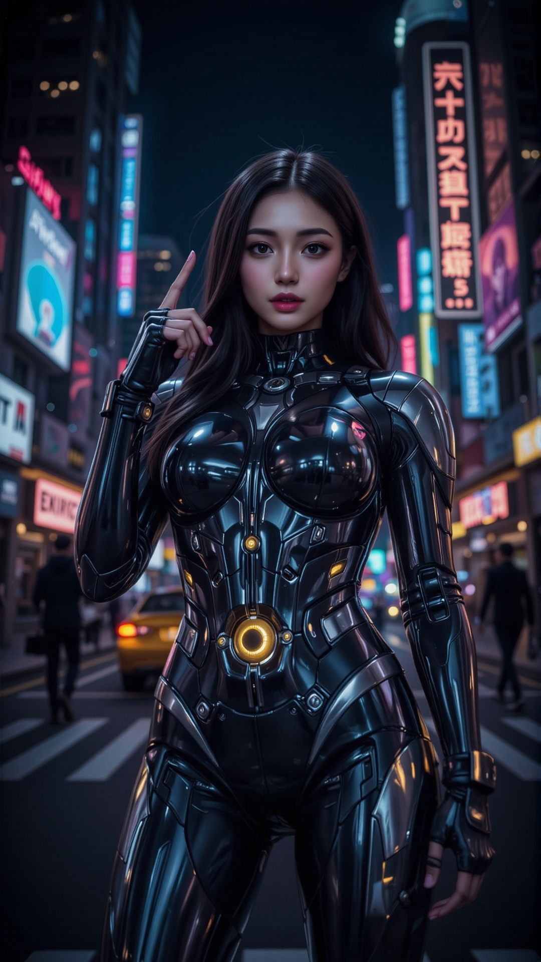 In a darkened cyberpunk cityscape,  a stunning Asian woman stands tall in her sleek,  high-tech mecha suit. The shining st...