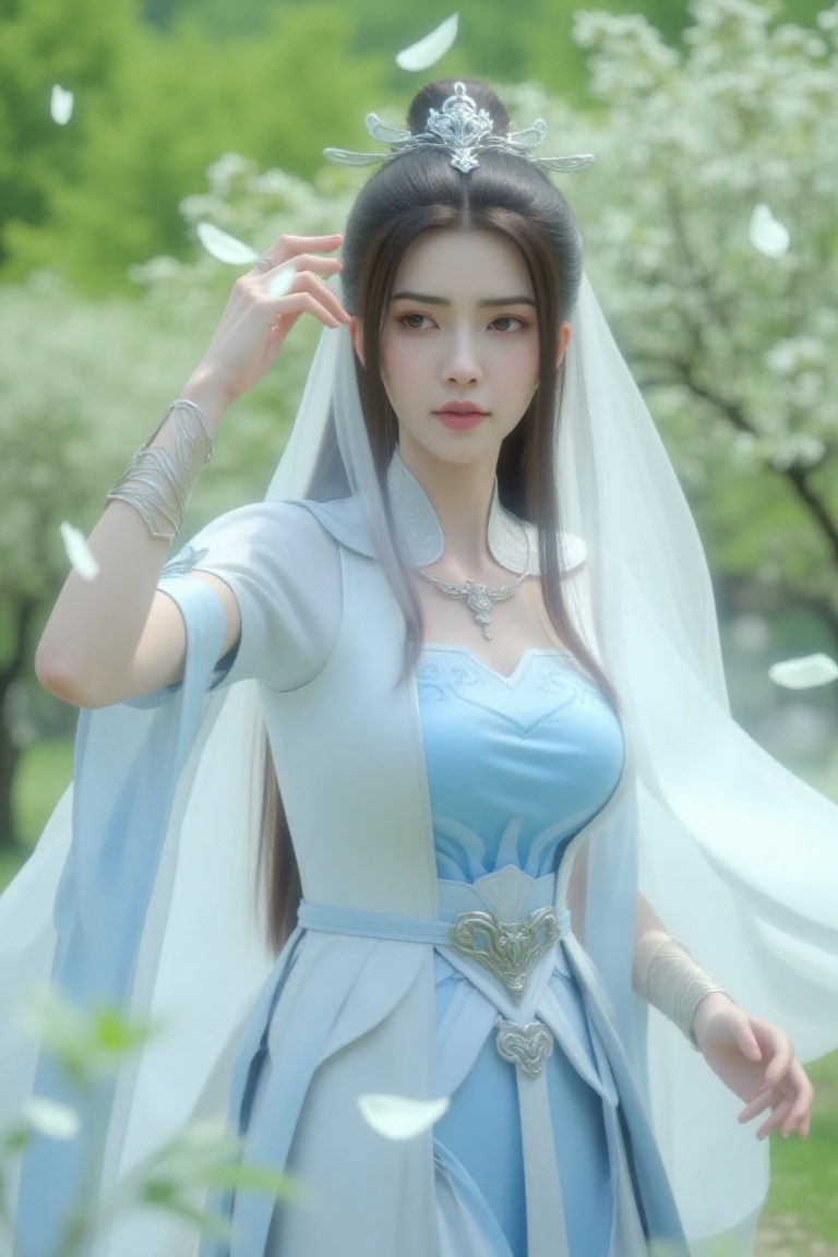 A serene warrior maiden,  adorned in light blue attire with golden patterns,  poses amidst a soft focus bokeh background f...