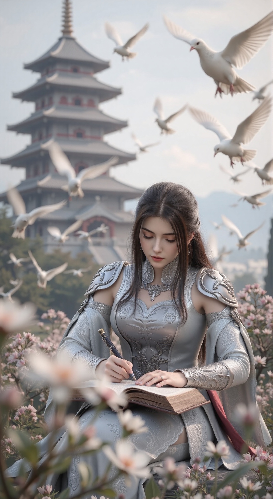 A young woman,  clad in silver armor with elegant cyan and white cherry blossom patterns and flowing crimson and white sil...
