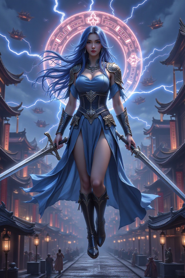 A majestic armor-clad woman levitates mid-air above an ancient town,  bathed in cold light. Her flowing blue hair cascades...