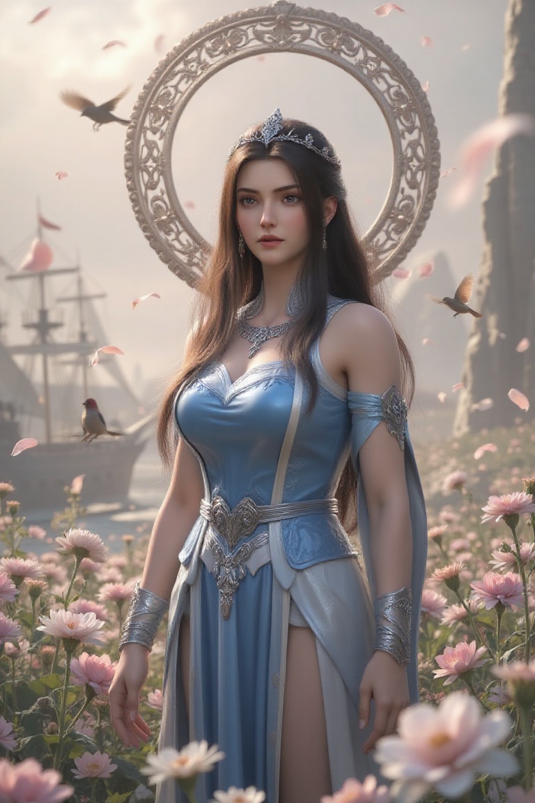Soft focus captures a regal moment: a majestic queen stands,  radiating warmth as warm sunlight bathes her. Luscious black...