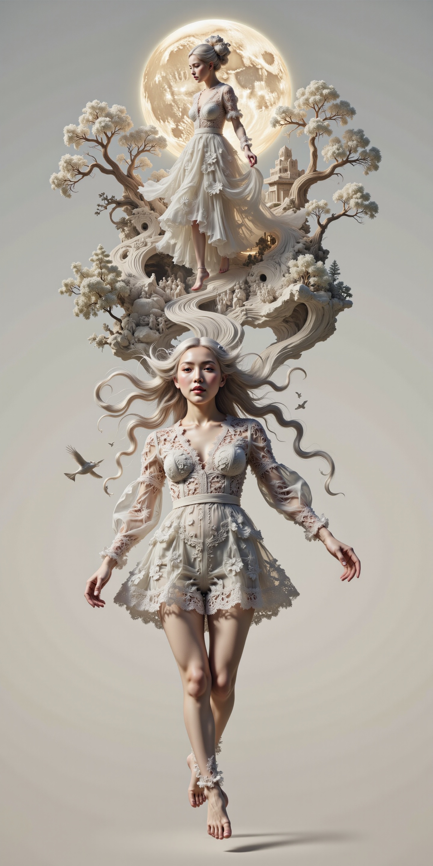 Surreal digital illustration painting in the style of Asa CHEN,  image view,  beautiful girl in a gauze dress on Tensor.Art