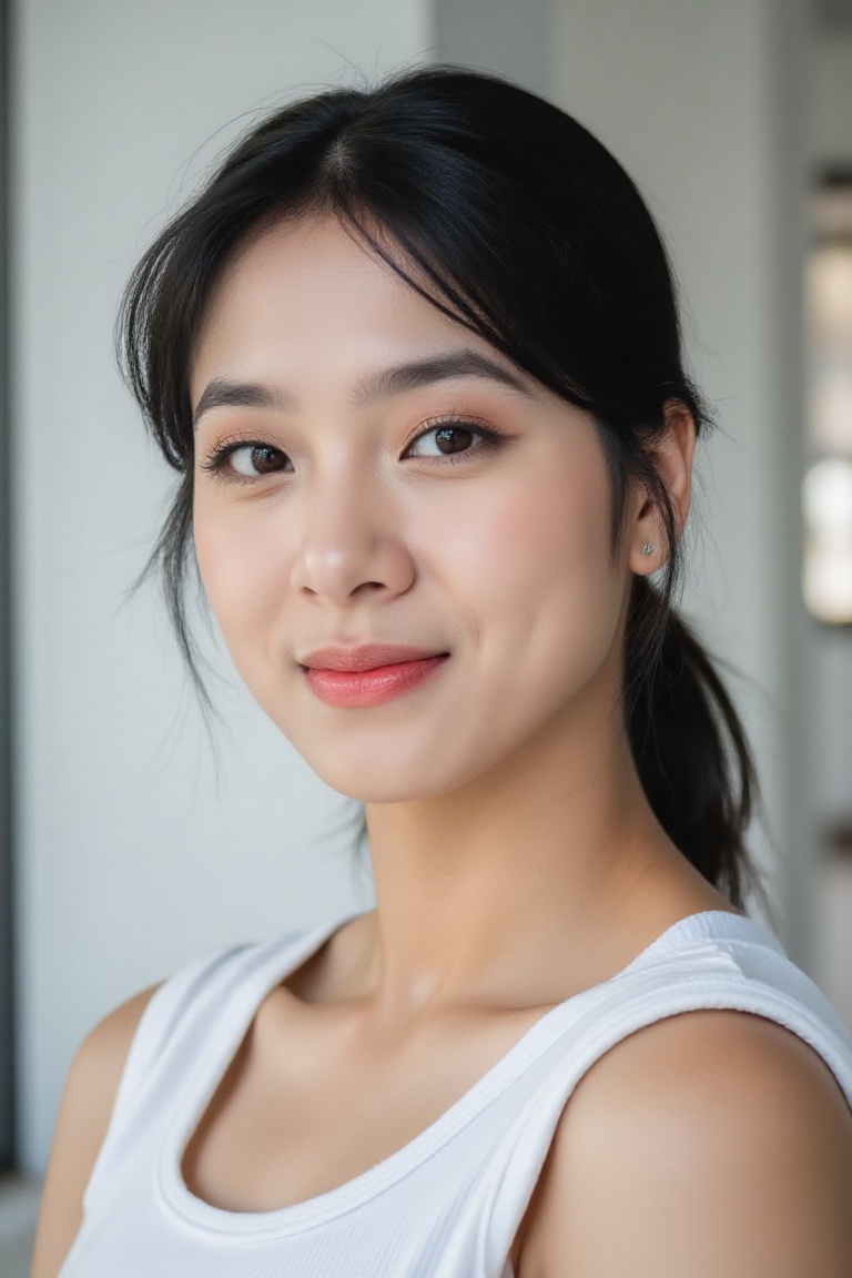 close-up of an Asian female model's face with brown eyes and pink lips,  wearing a tight white **** top,  hair tied in a p...