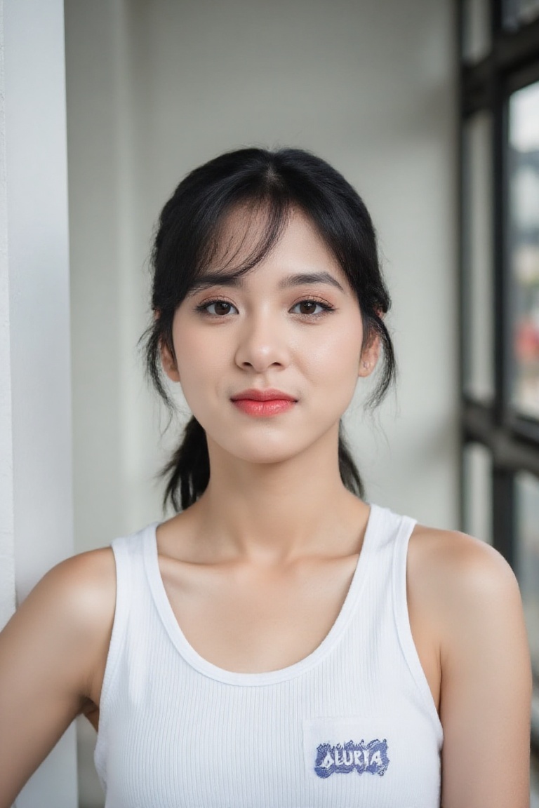 close-up of an Asian female model's face with brown eyes and pink lips,  wearing a tight white **** top,  hair tied in a p...