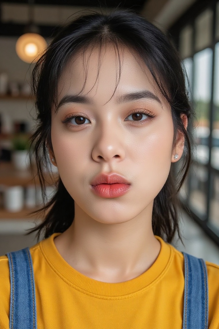 a A highly detailed and realistic portrait of a young woman with a playful and humorous expression,  pouting her lips in a...