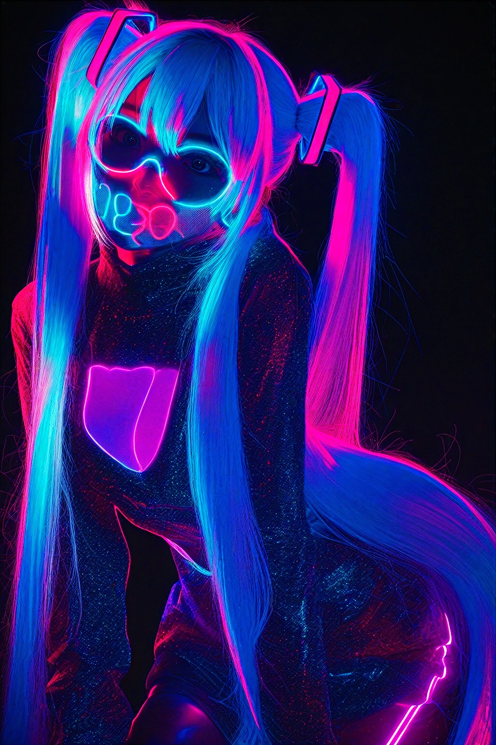 Hatsune Miku,  limited palette,  black background on Tensor.Art