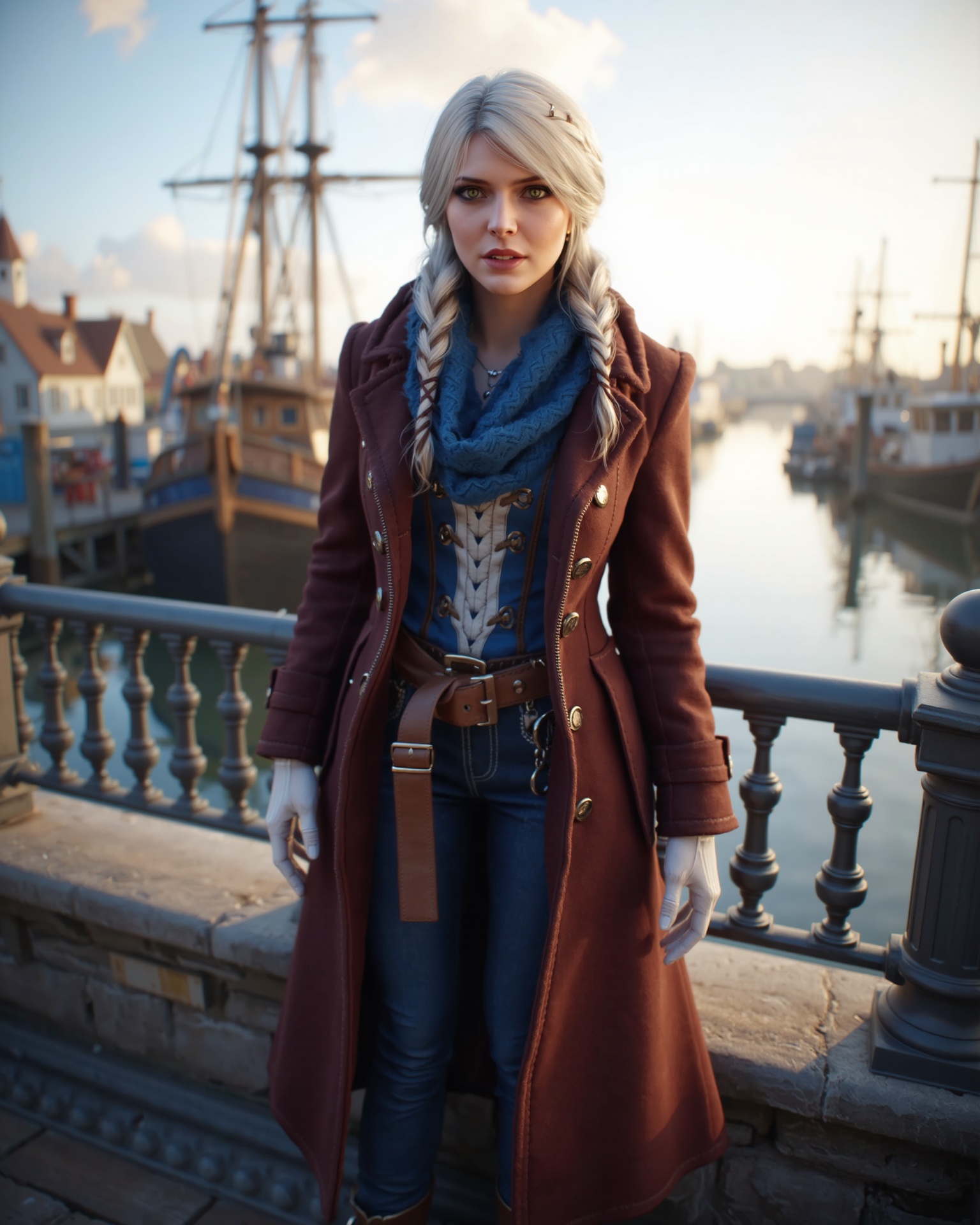 a 3D rendering of a woman stands in front of a quay at daytime. The woman's coat is adorned with a blue and white corset,...