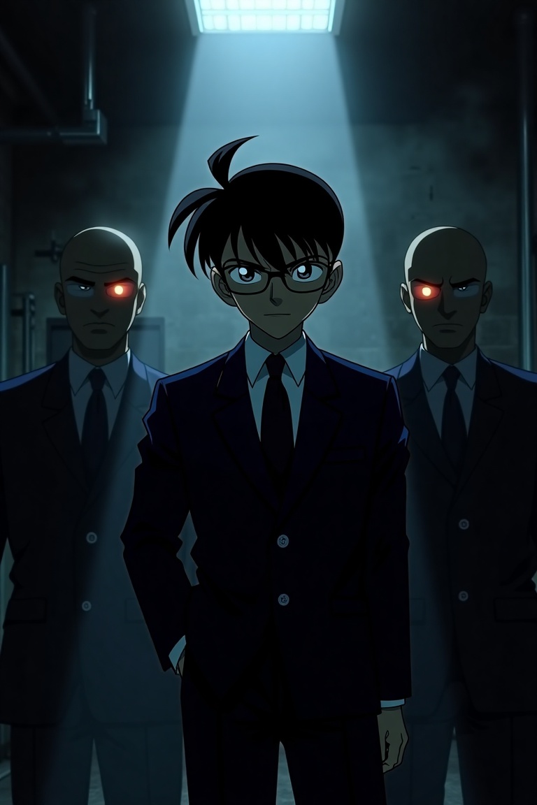 Detective Conan from Conan manga. Detective Conan standing confidently in the shadows,  facing members of the Black Organi...