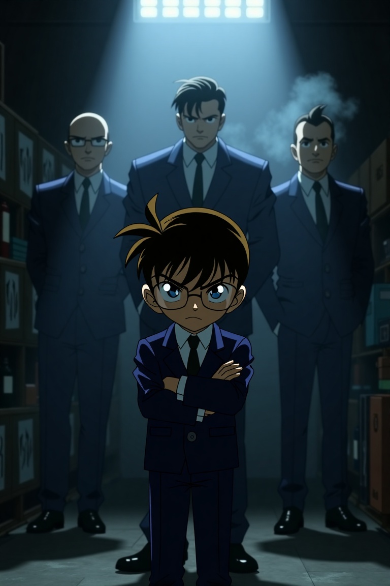 An image of seven-year-old Conan Shinichi Kudo from Detective Conan,  standing confidently in the shadows,  facing members...