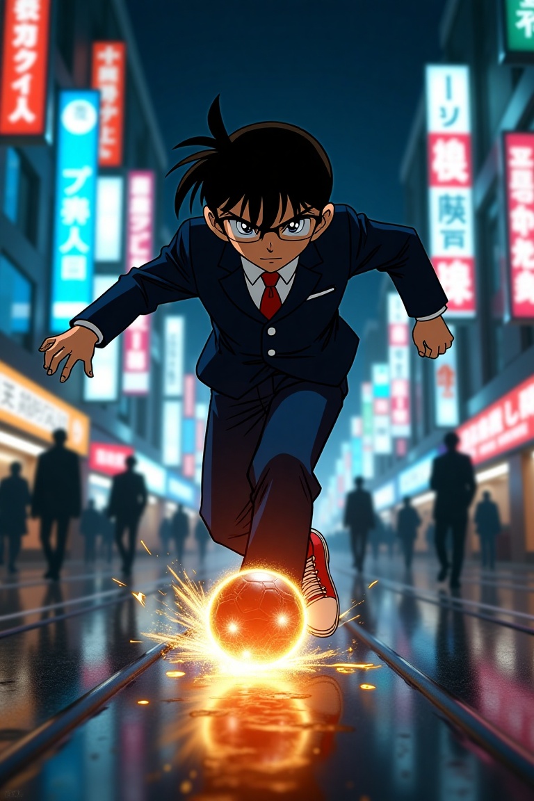Conan Edogawa,  glasses,  in the middle of a high-stakes chase on Tensor.Art