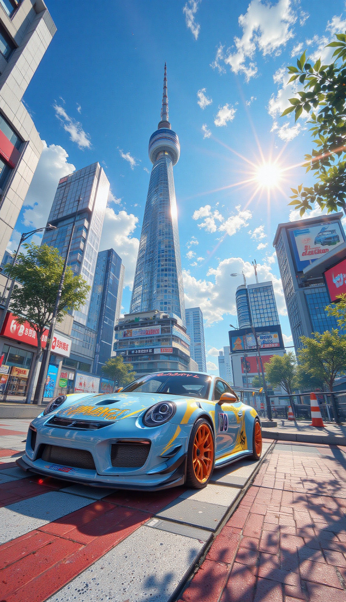 a highly detailed urban scene on a bright sunny day. The foreground should feature a sleek light blue sports car with bold...