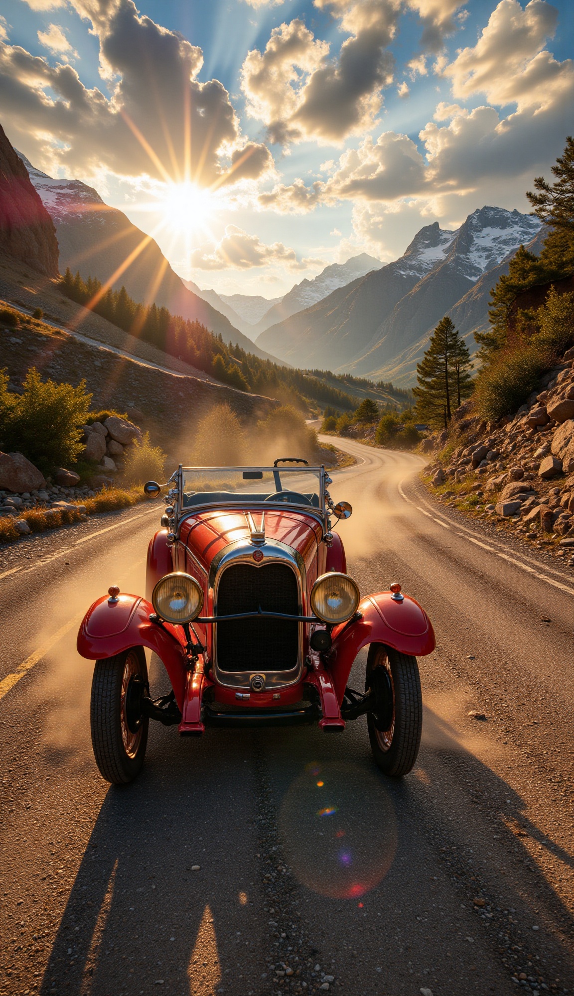 A low,  front three-quarter view of a vintage red car driving on a winding mountain road with a dramatic backdrop of tower...