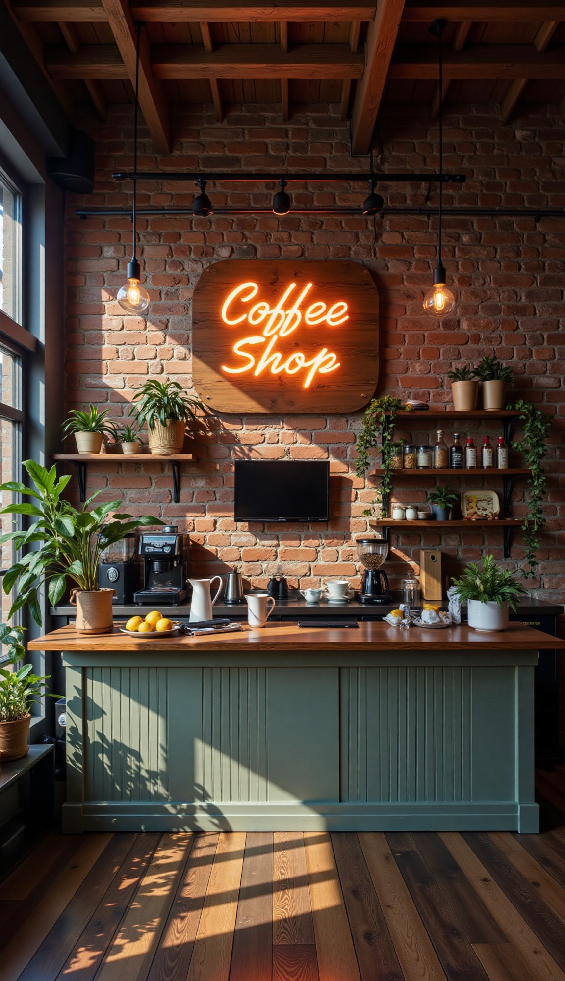 an image of a modern coffee shop interior with a warm and inviting atmosphere. The scene features a wooden counter with a...