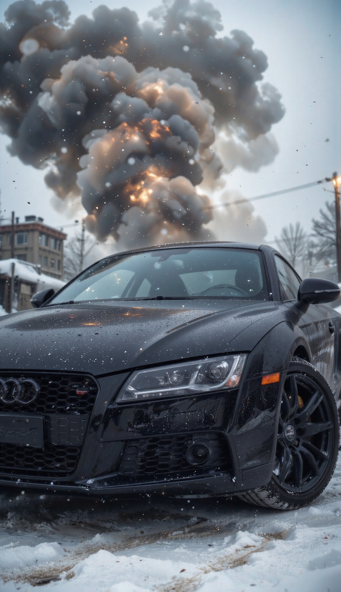 A cinematic,  ultra-detailed photograph of a sleek black Audi R8 sports car parked on a snow-covered road. Snow is lightly...