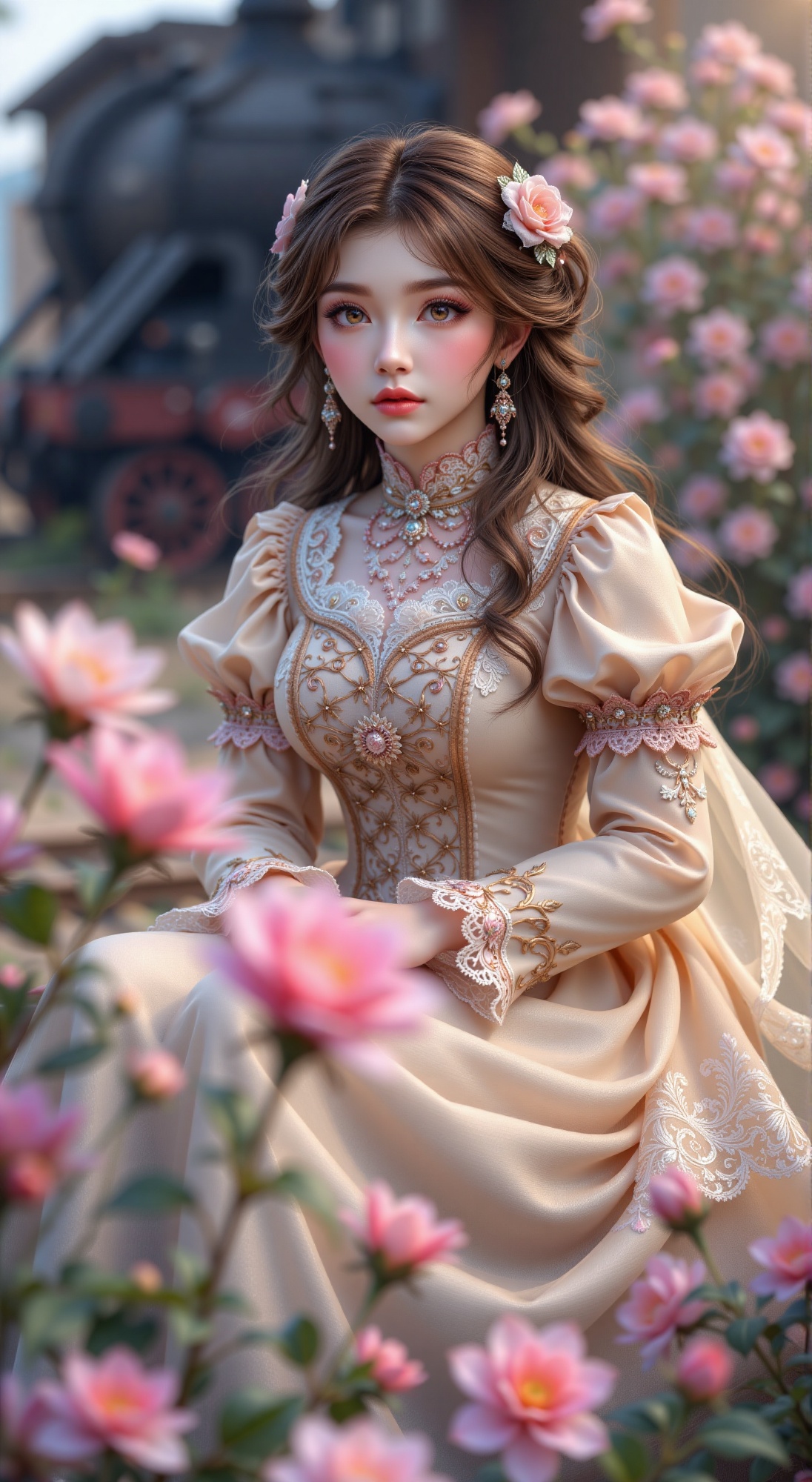 A serene anime beauty portrait,  captured in a soft focus close-up. She sits patiently,  adorned in intricate Victorian ou...
