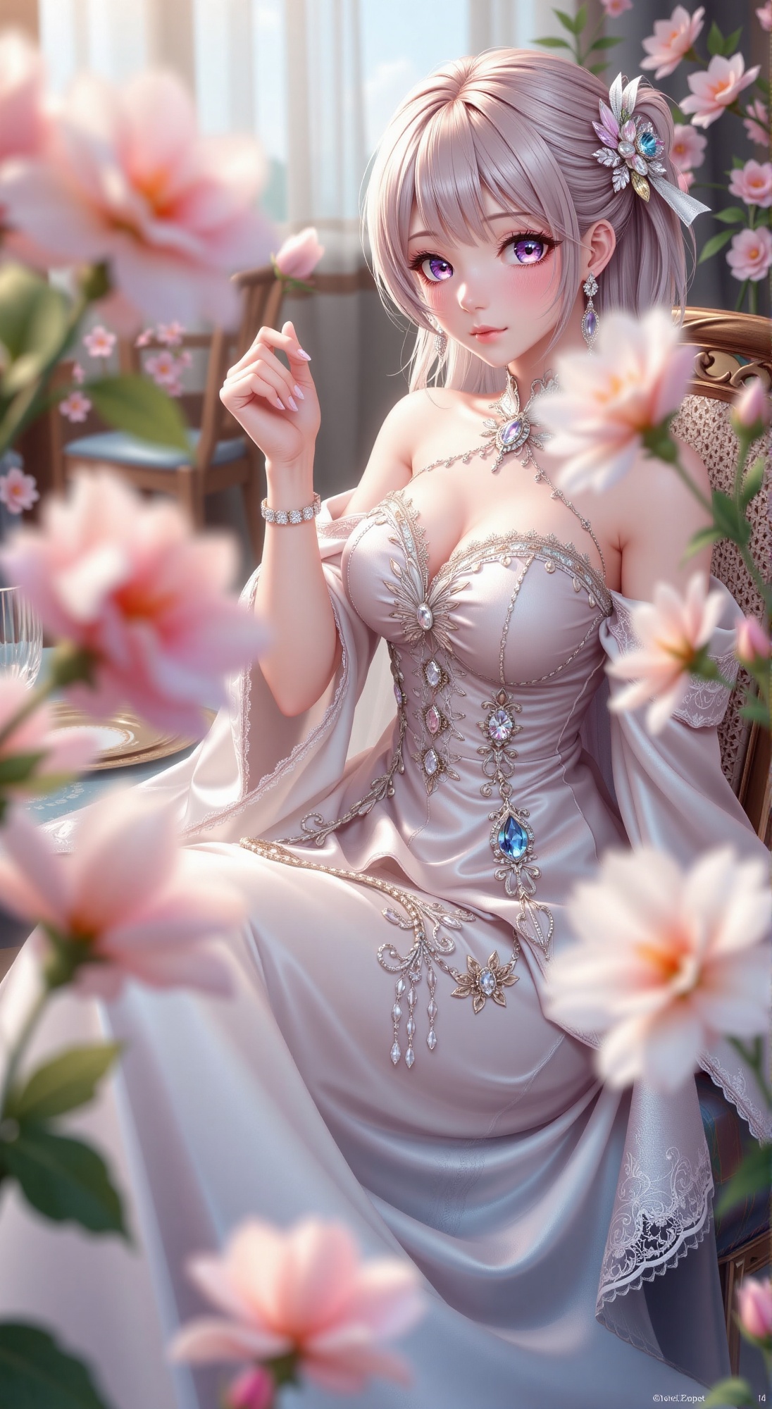 : A stunning soft focus close-up of an anime beauty in a serene dining pose. She sits amidst a delicate blur of flowers,...