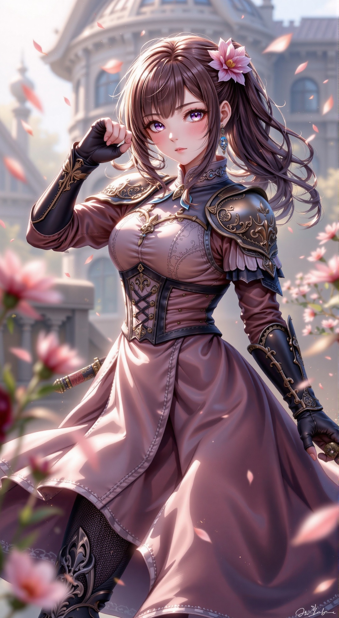 A delicate anime beauty stands defiantly in a soft focus close-up,  her elegant Victorian armor and flowing outfit adorned...
