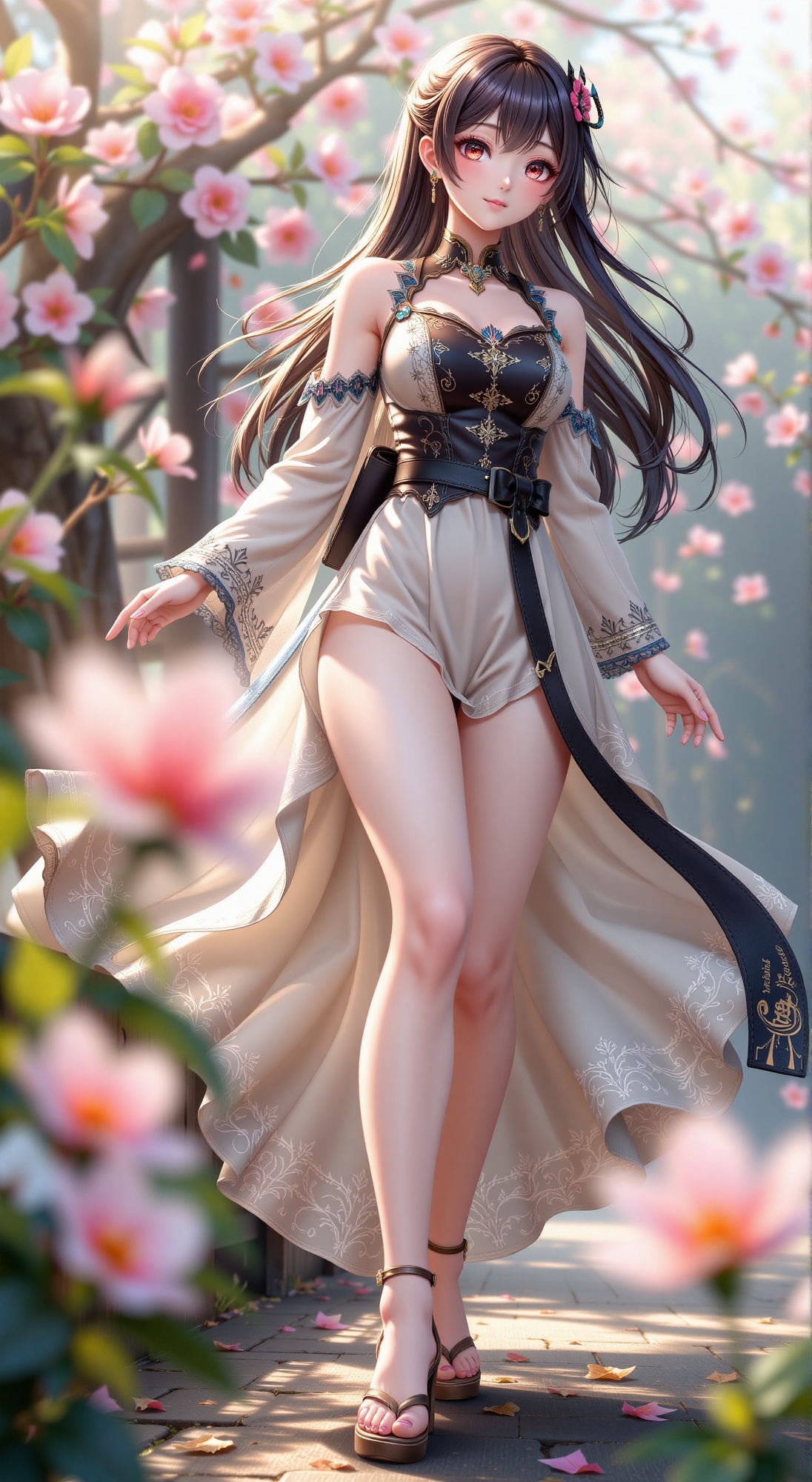 Soft focus close-up captures the elegance of an anime beauty posing confidently in a flowing outfit,  with intricate detai...