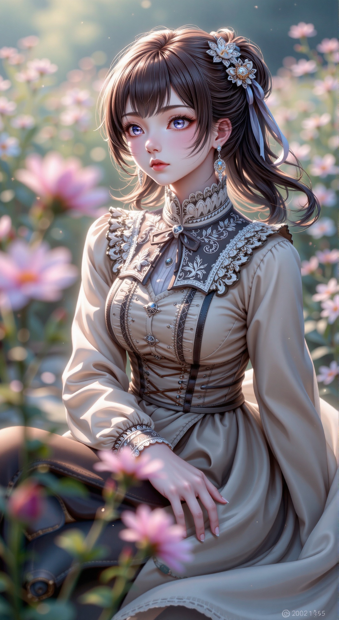 A serene anime beauty portrait,  captured in a soft focus close-up. She sits patiently,  adorned in intricate Victorian ou...