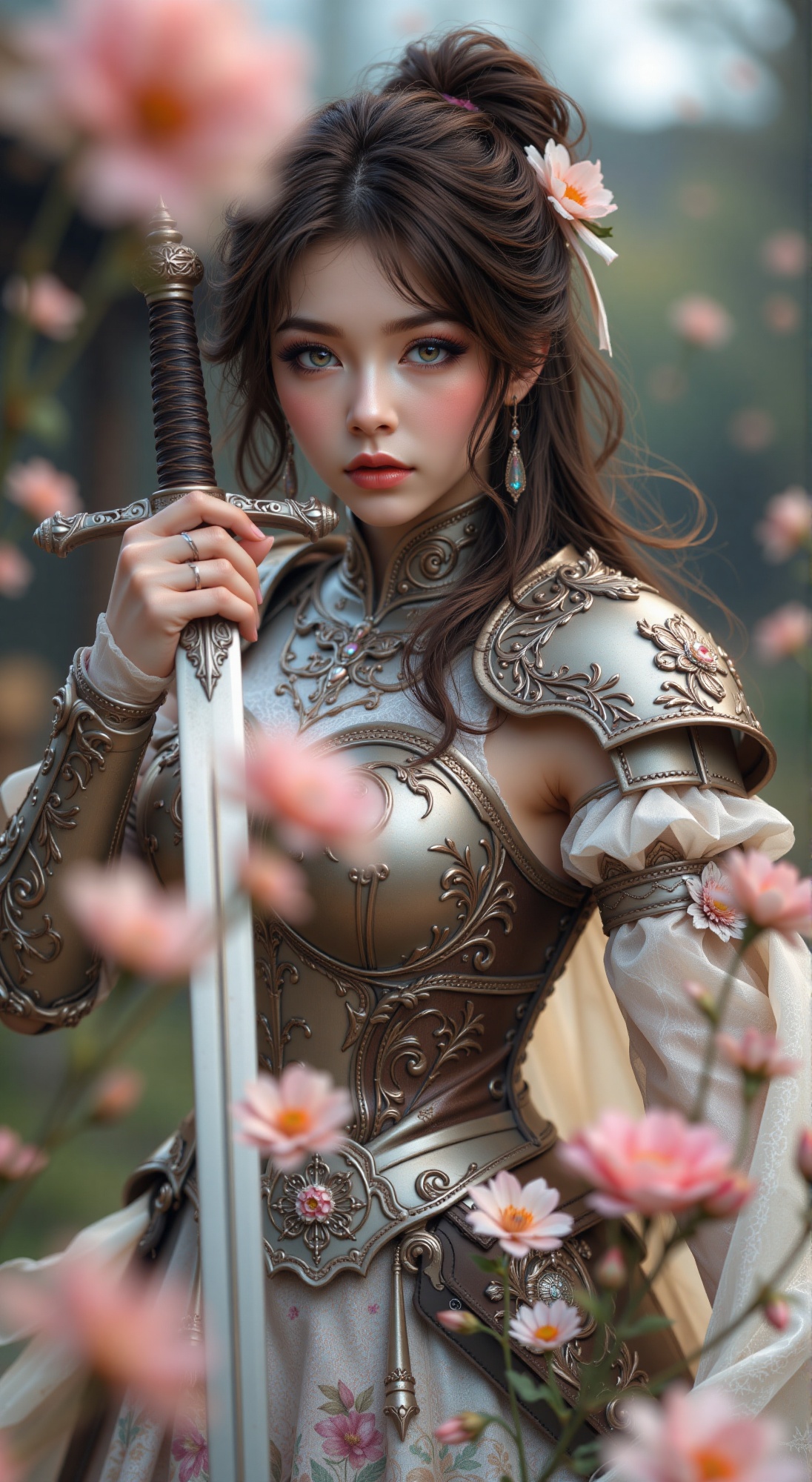 A softly focused close-up portrait of an anime beauty in a Victorian-inspired armor outfit,  frozen in a fighting pose ami...