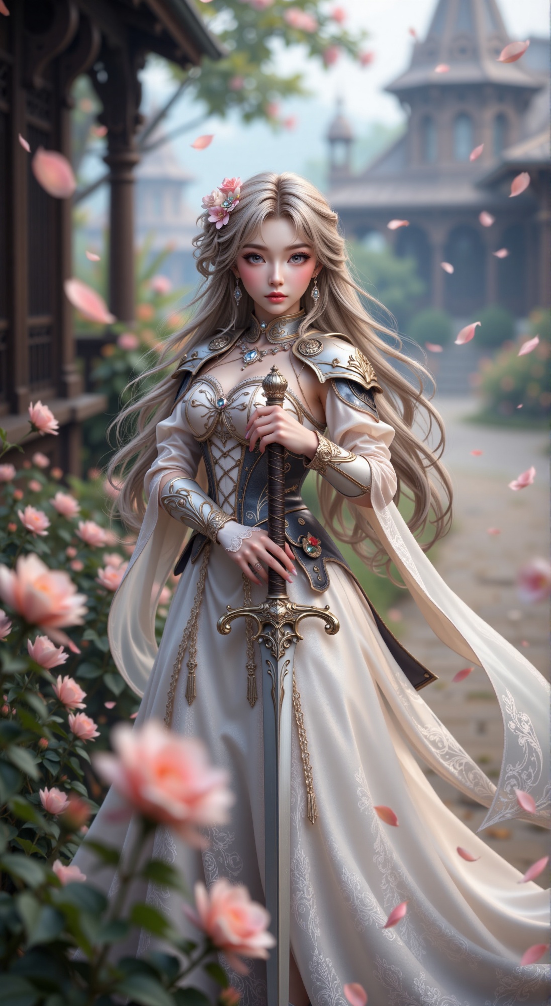 A delicate anime beauty stands defiantly in a soft focus close-up,  her elegant Victorian armor and flowing outfit adorned...