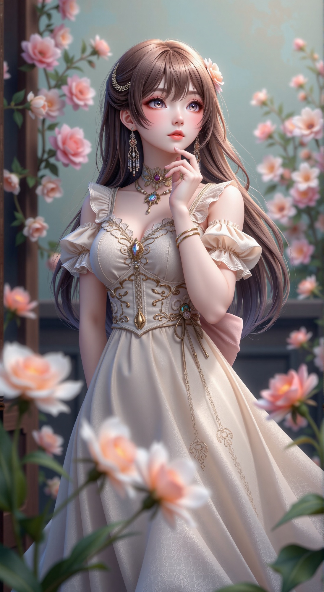 A delicate anime beauty,  lost in thought as she poses elegantly amidst a Victorian-inspired backdrop. Soft focus and clos...