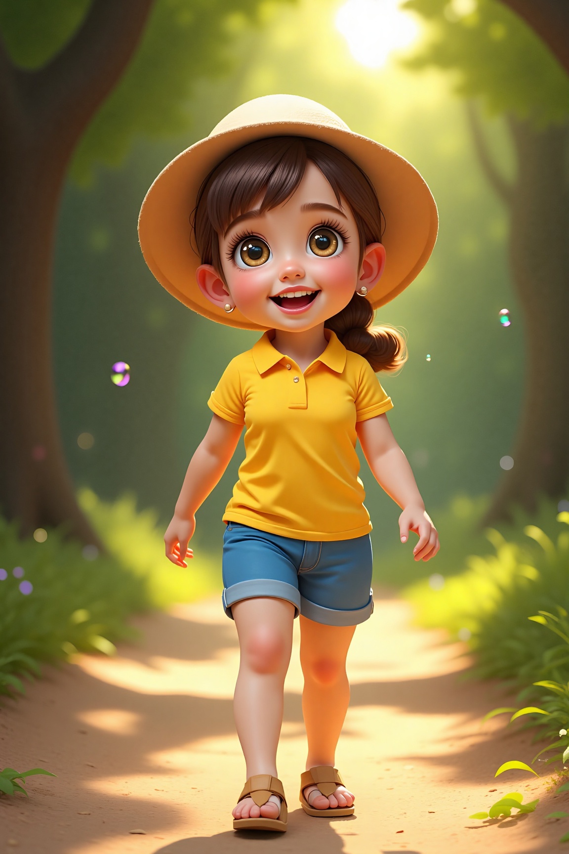 girl is standing on a dirt road. The girl is dressed in a yellow polo shirt,  blue shorts,  and tan sandals. Her brown hai...