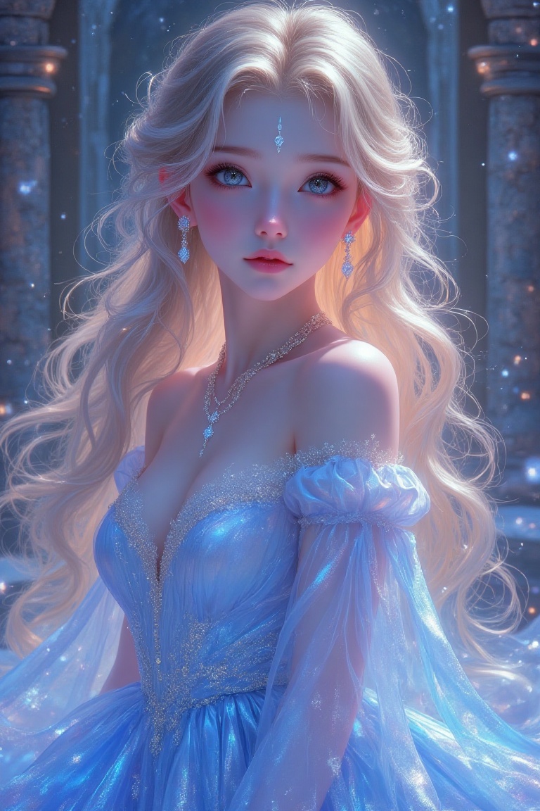 Close-up shot,  majestic young goddess;Her ethereal features glow beneath soft,  painterly lighting as she wears an blue i...
