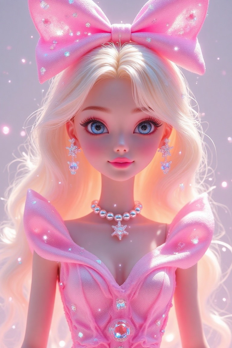 A whimsical,  ultra-detailed portrait of a vibrant pink Barbie doll stands against a stark white backdrop,  bathed in ethe...