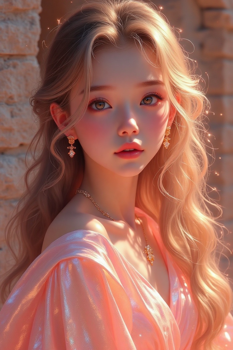 Close-up shot of a majestic young goddess,  bathed in soft,  painterly lighting that enhances her ethereal features. Her p...