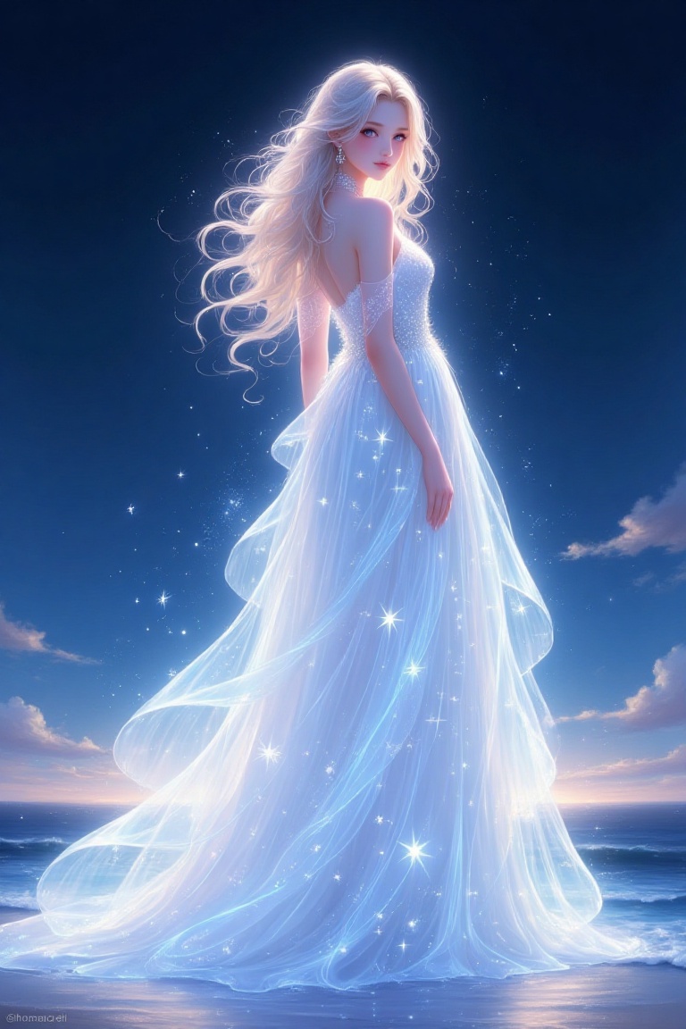 Against a dark blue sky with subtle wispy clouds,  a woman in a flowing white dress adorned with iridescent white stars st...