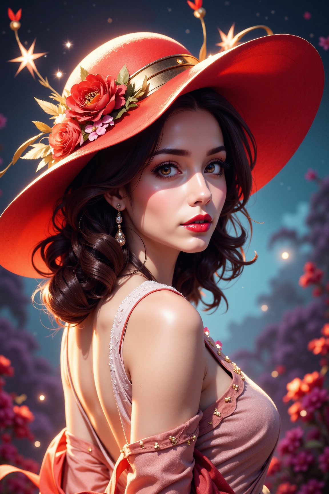 A captivating hyperrealistic illustration of a sophisticated woman wearing a luxurious wide-brimmed red hat that elegantly...