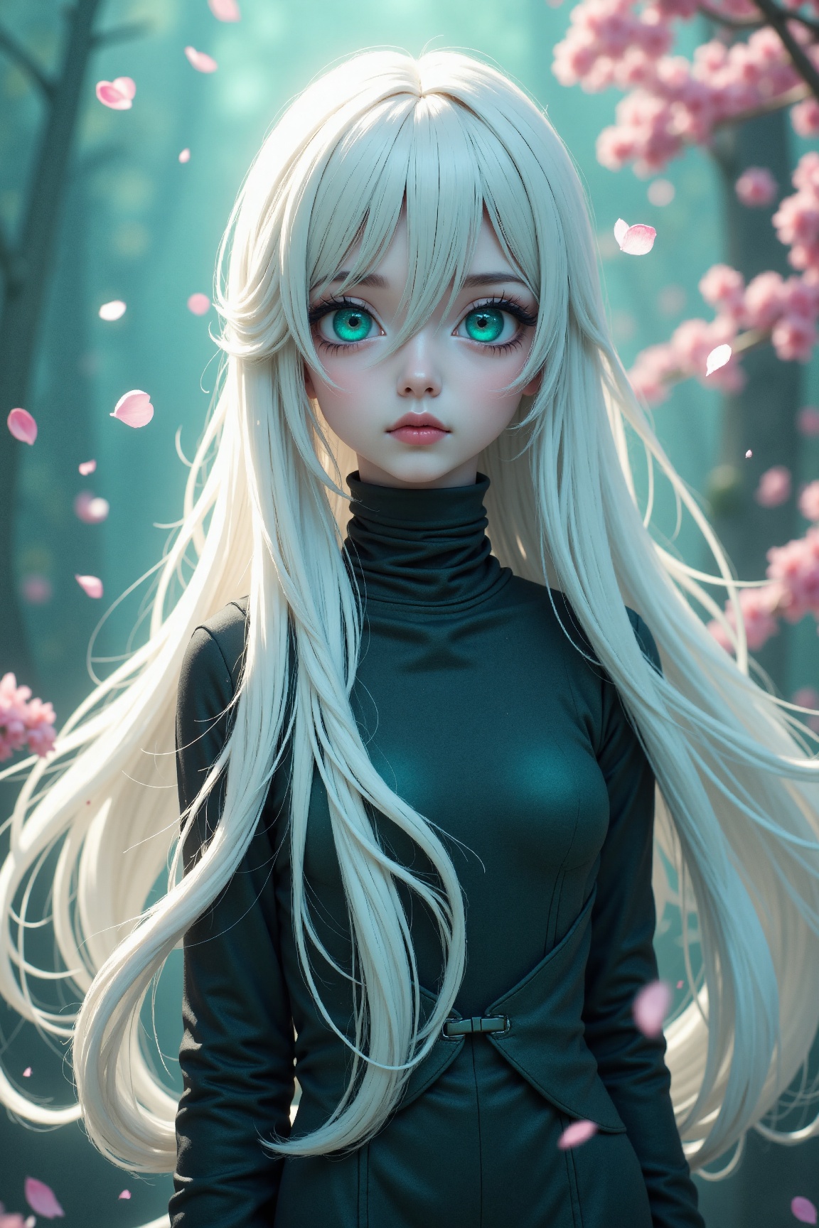 Full length view. ((Little funny android girl,  porcelain face and head. Long flowing white hair,  big turquoise eyes on T...