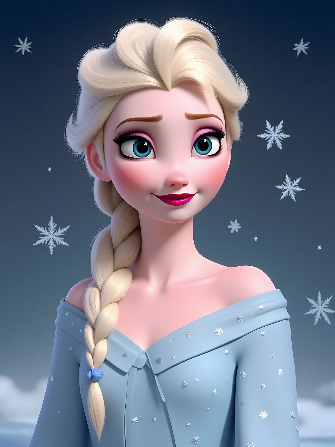 A portrait of a blond girl with blue eyes and dark pink lips. Her blonde hair is pulled back in a braid,  cascading over h...