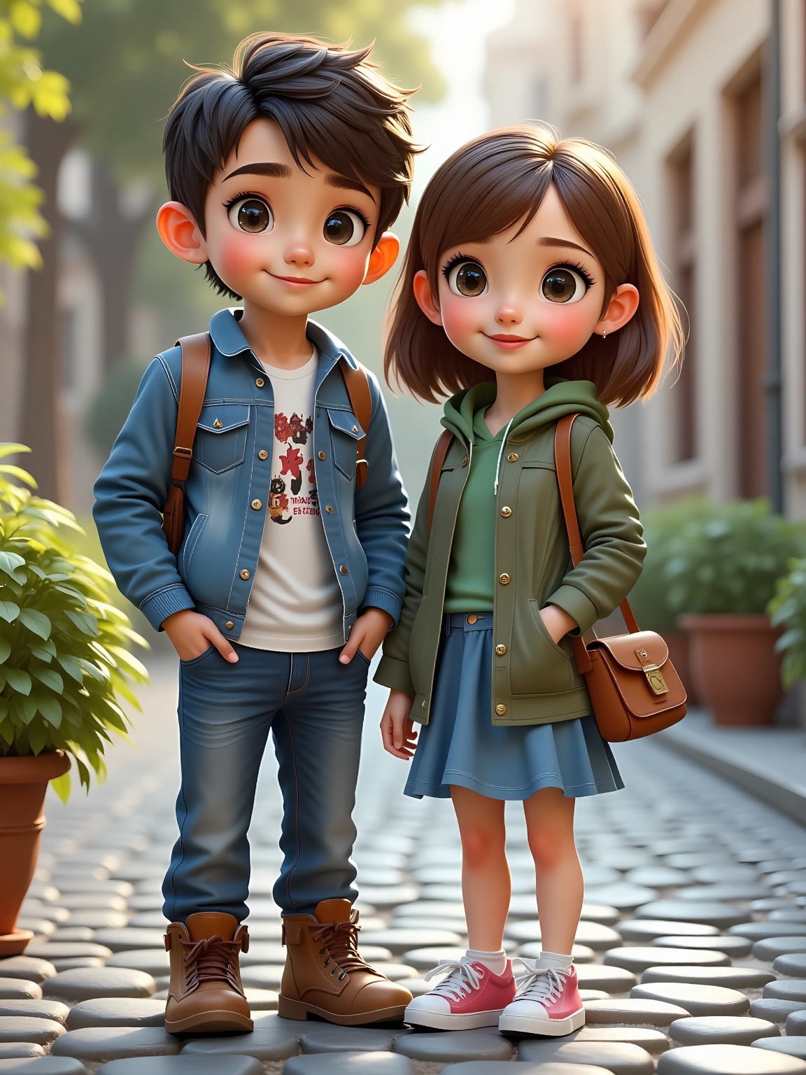 Two characters are standing next to each other. The character on the left is a boy with dark brown hair and dark brown eye...
