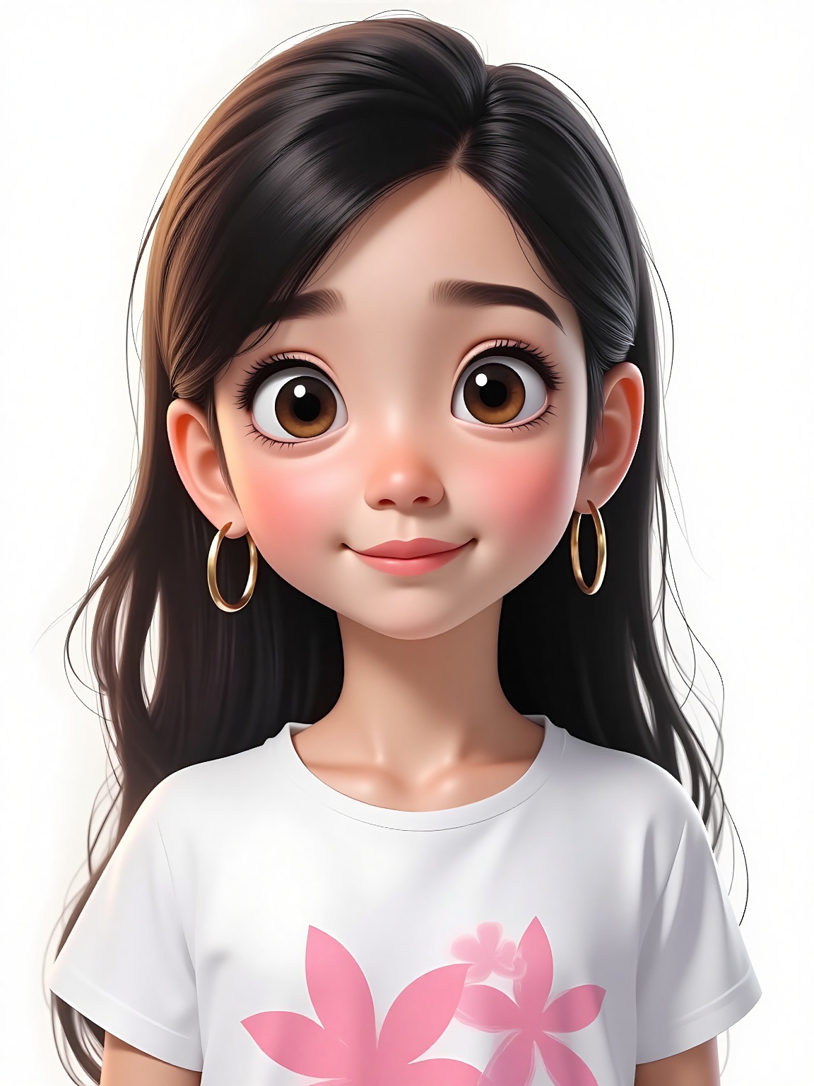 a young Asian girl with long dark brown hair. Her eyes are wide open,  and her eyebrows are dark brown. Her eyebrows are a...