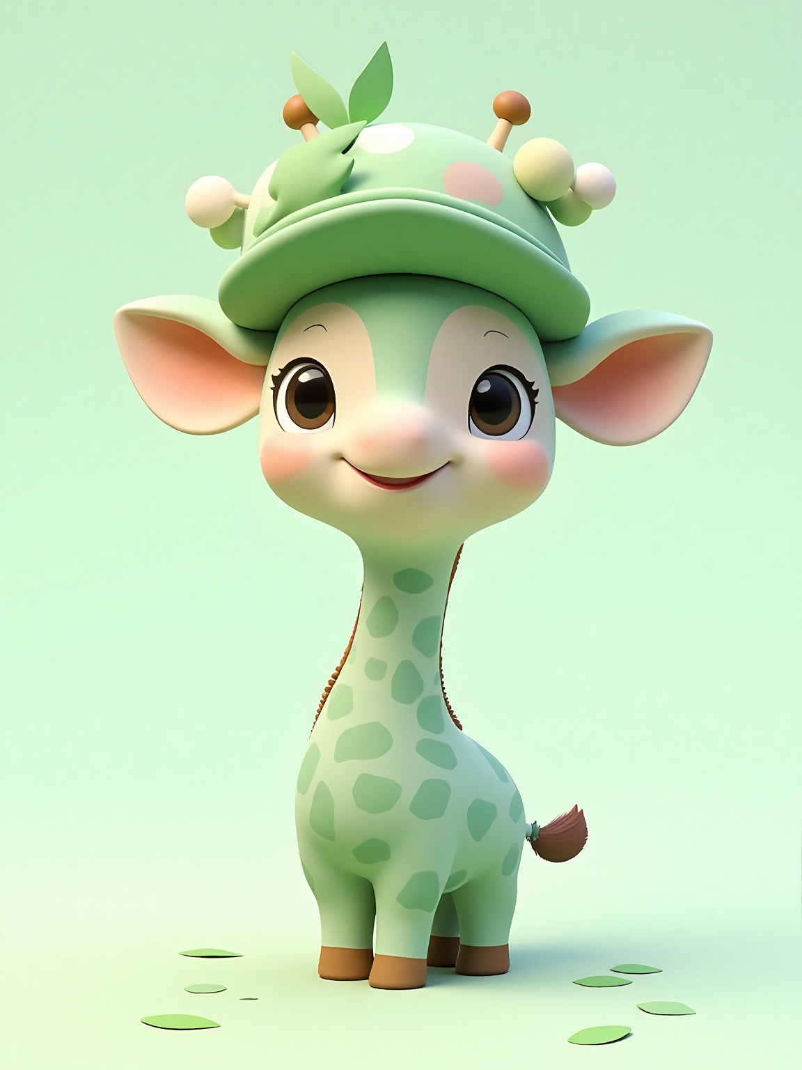A cute,  cartoonish giraffe stands in a playful pose with a wide-eyed,  cheerful expression. Its skin features a soft gree...