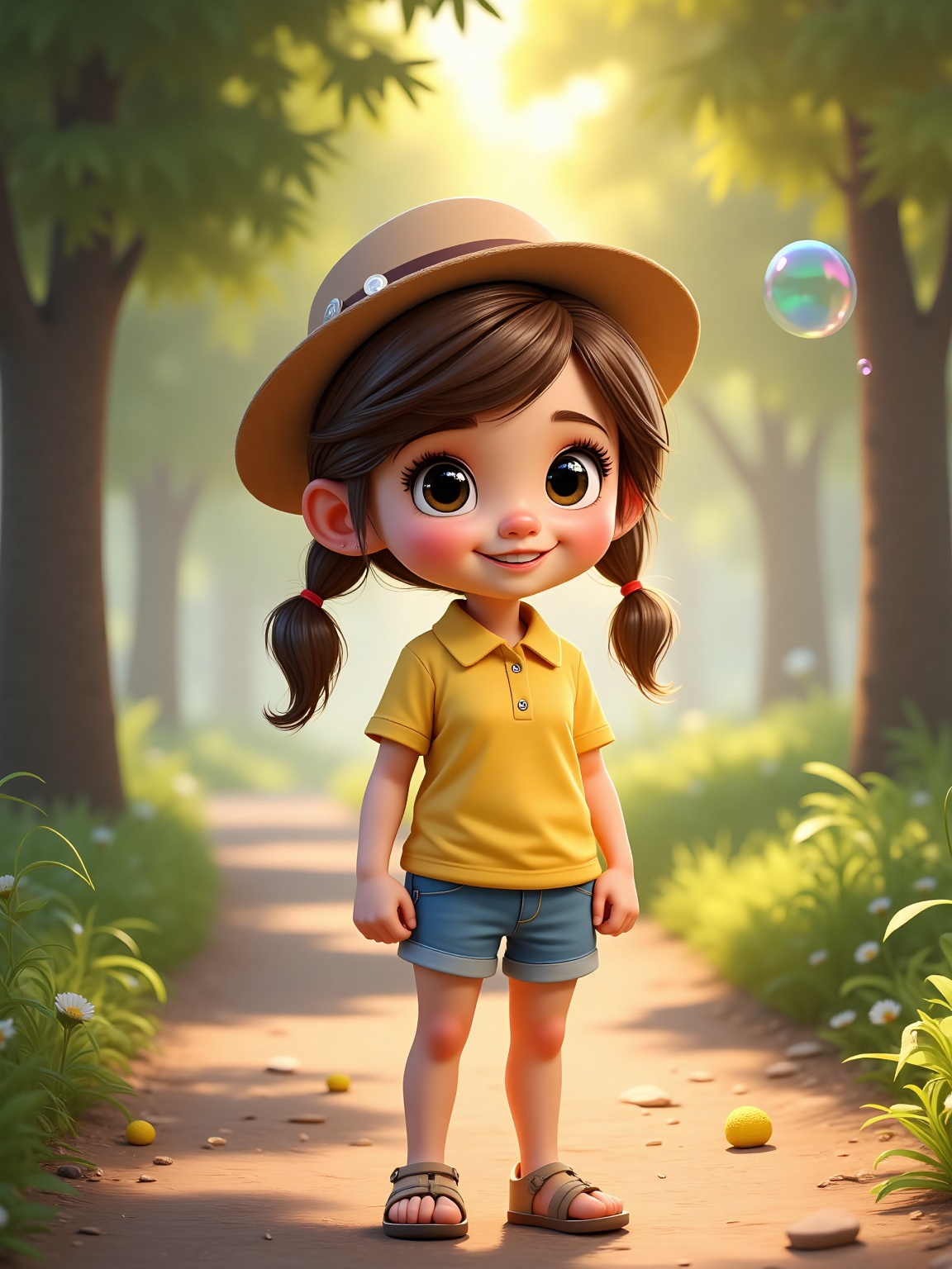 girl is standing on a dirt road. The girl is dressed in a yellow polo shirt,  blue shorts,  and tan sandals. Her brown hai...