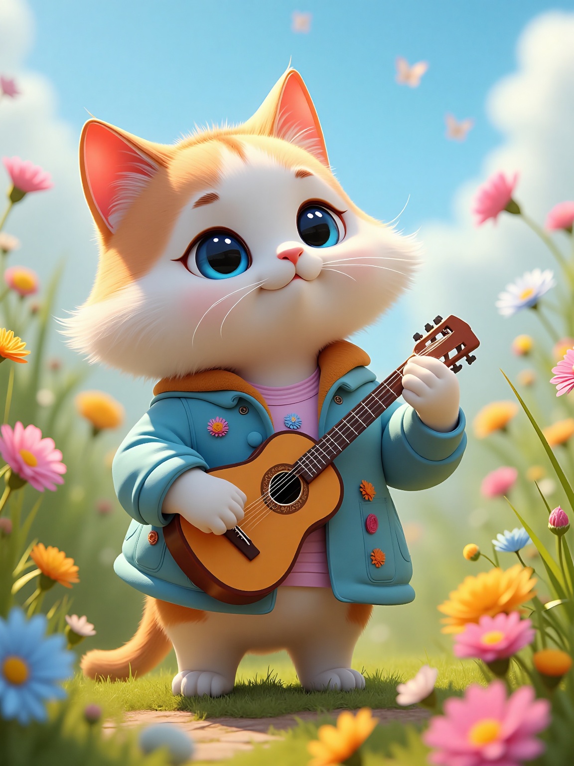 A charming cat stands in a vibrant,  flower-filled garden,  serenely cradling a small guitar. Its fur is creamy white with...