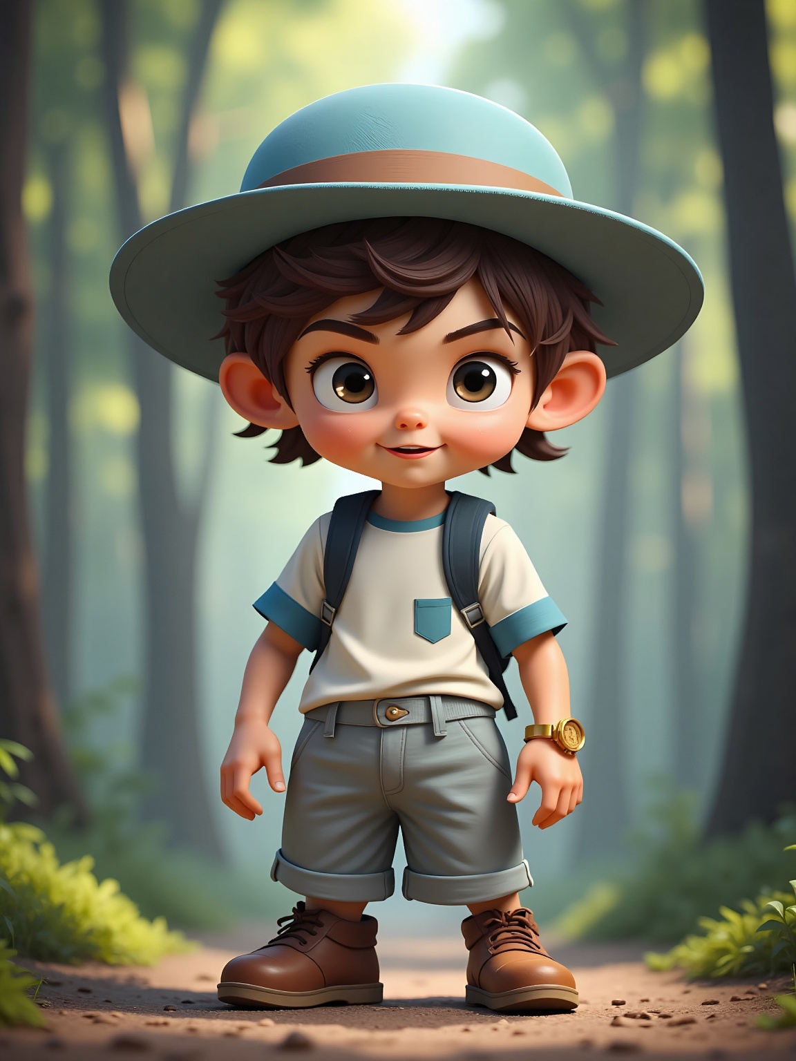 A boy is standing against a stark colorful forest backdrop. The character is wearing a light blue hat with a brown band ar...