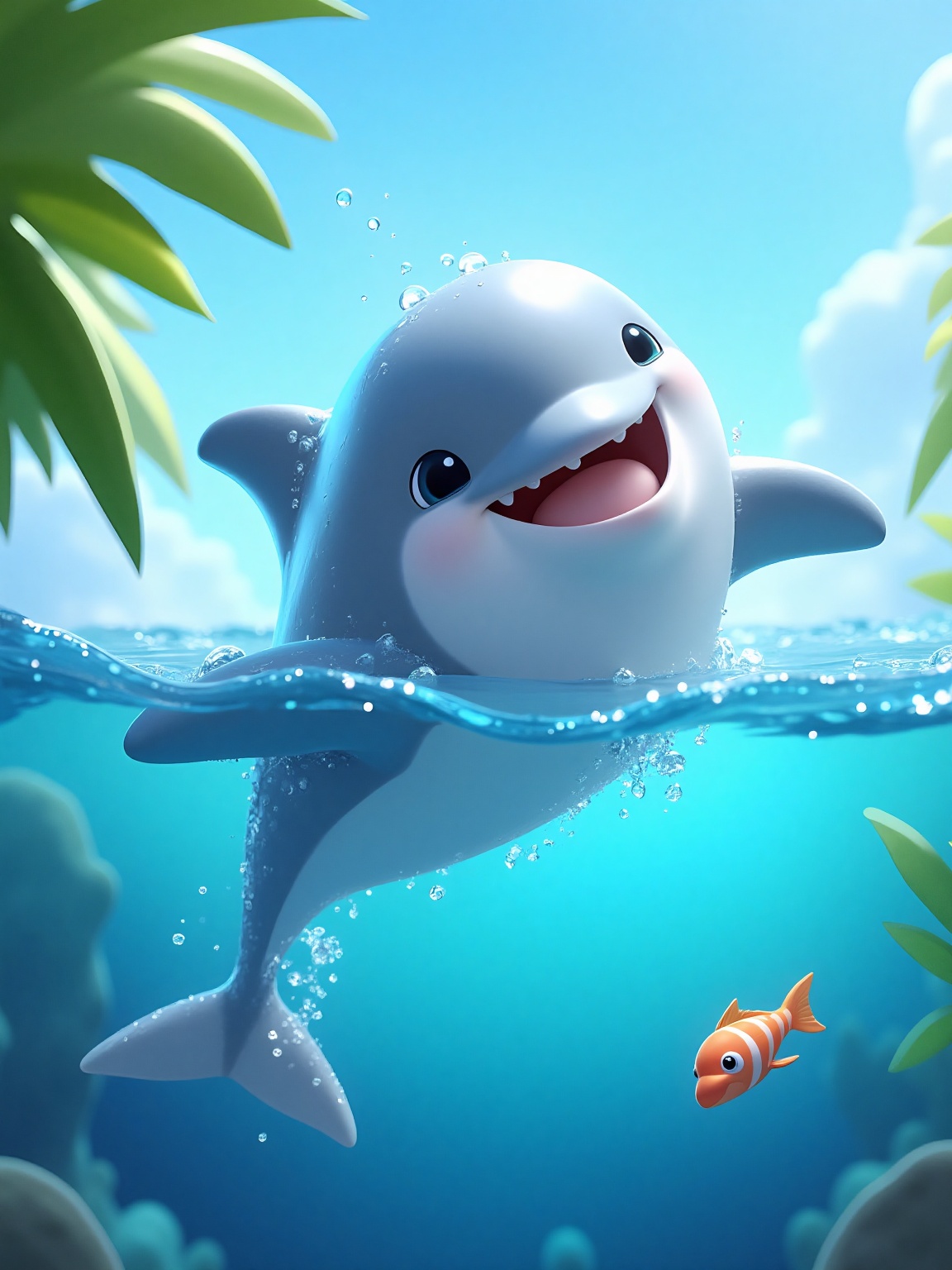 A vibrant,  animated dolphin leaps joyfully from the sparkling blue ocean,  its body gleaming with a soft glow. The dolphi...