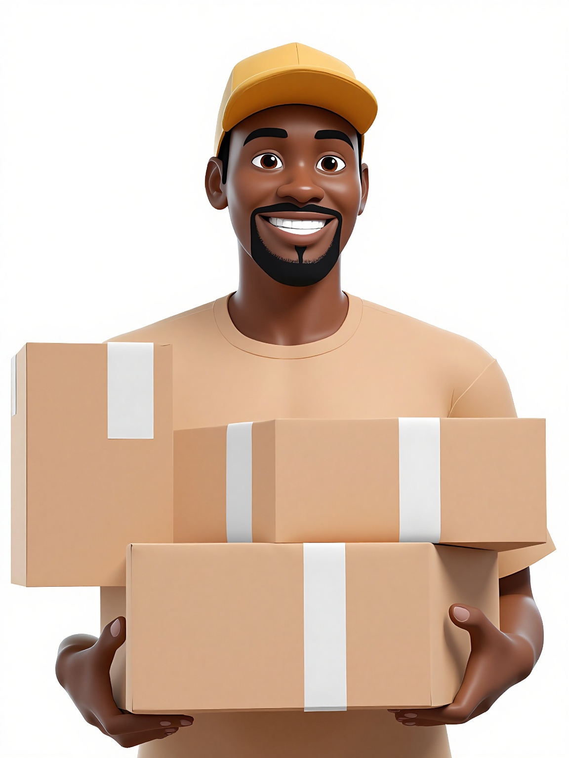 A black man is standing against a stark white backdrop. He is wearing a brown baseball cap with a yellow stripe on it. The...